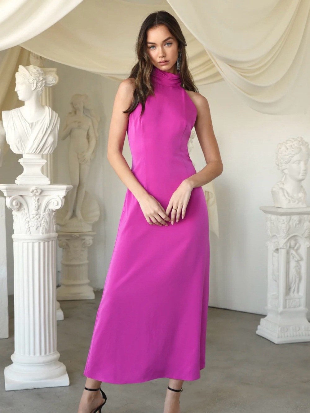 Adelyn Rae Fuchsia Halter Tie-Neck Dress